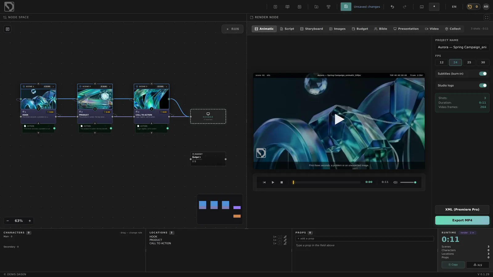 DAISE.RUN PRO: node graph with the render node playing the animatic